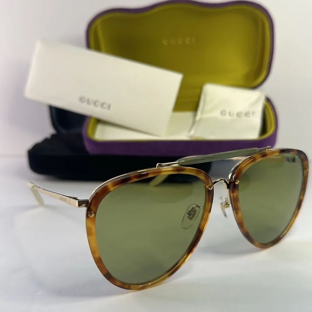 Ship same-day -💯 - New Authentic Gucci Sunglasses GG0672S 003 Havana/Gold/Green